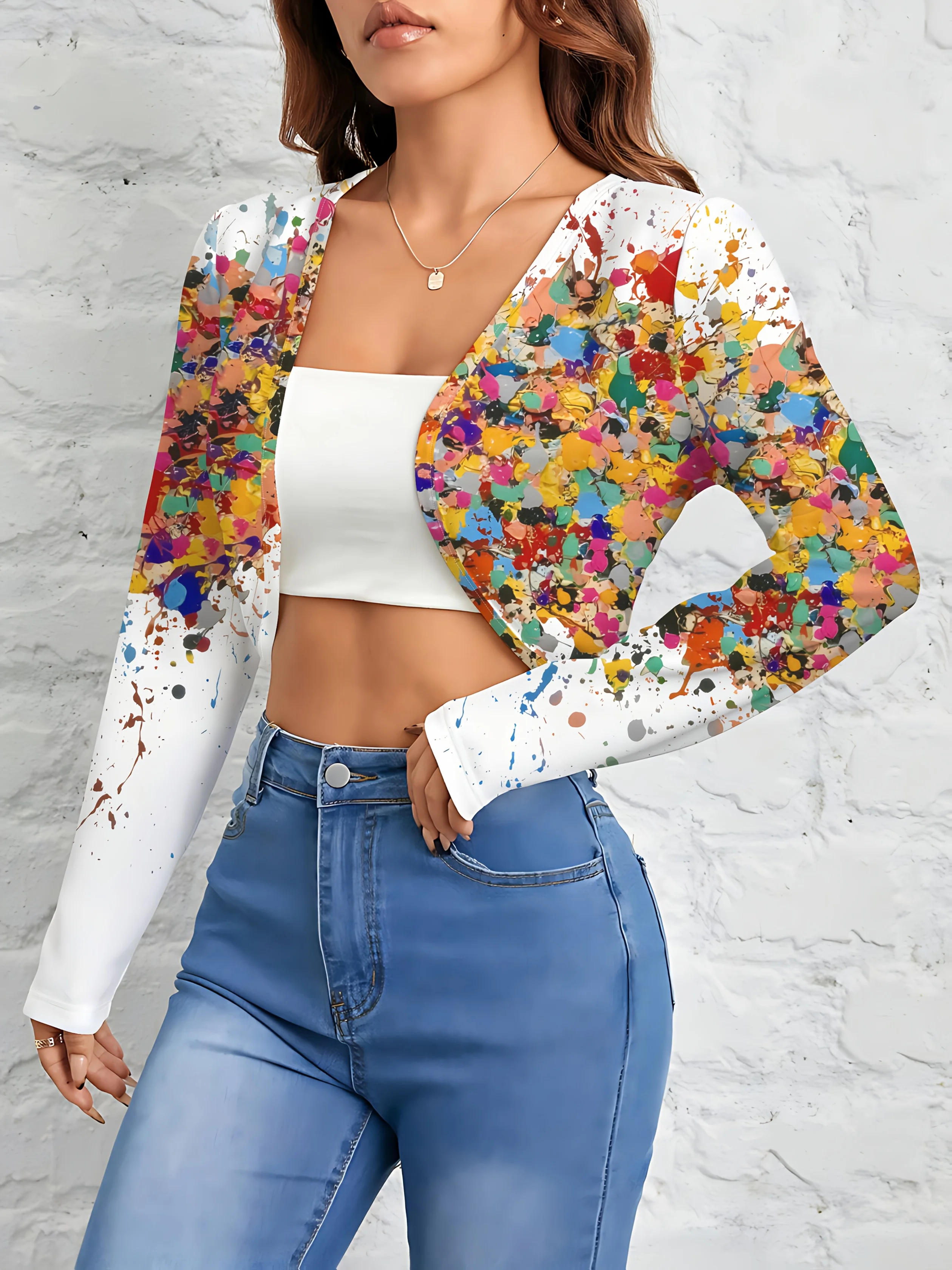 Printed Design Casual Style Colorful Paint Splatter Print Design Women's Cardigan