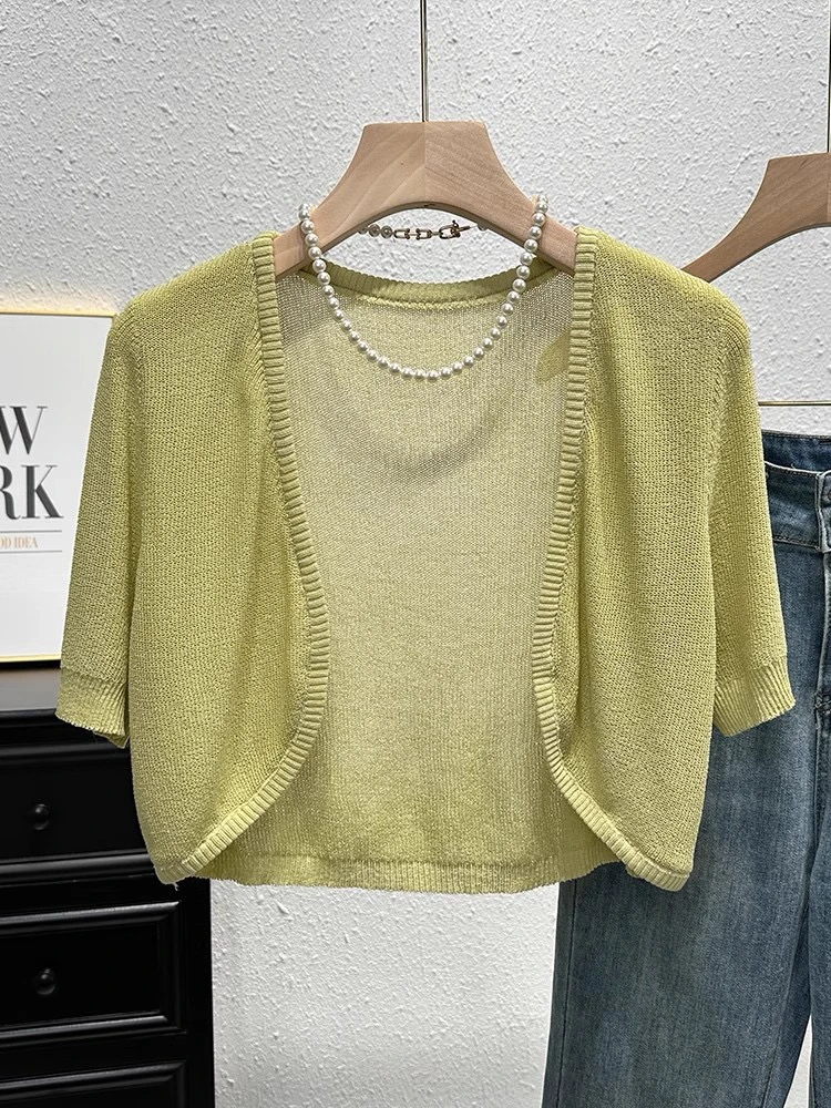 

Summer Short Sleeve Ice Silk V-Neck Knitted Shawl Lightweight UV Protection Open Cardigan Women's Loose Fit Regular Length