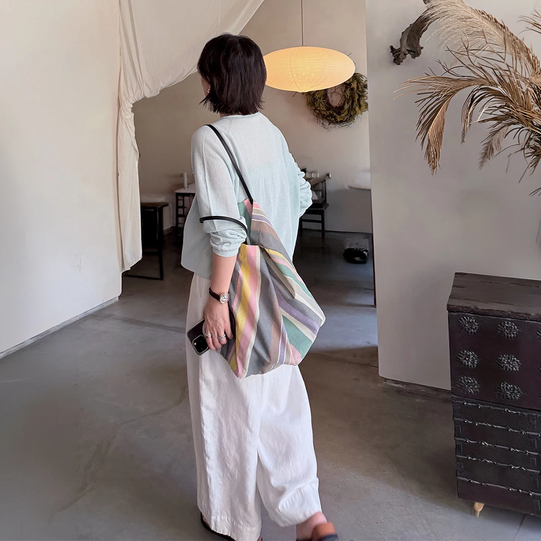 Mendy PVC Striped Tote Bag Women Colorful Rainbow Pattern Leather Handle Japanese Style Luxury Designer Work Office Original