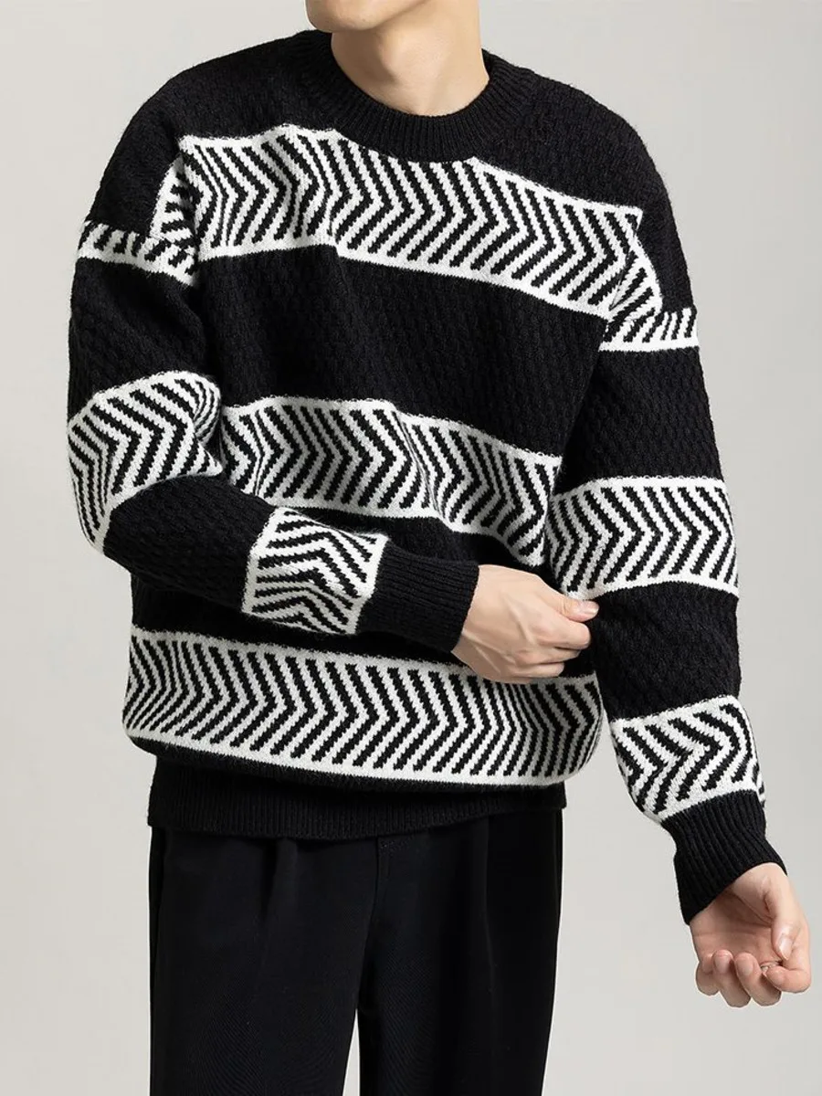 Casual Loose Stripes Pullover Sweater Contrasting Colors Knit Men's Autumn Winter Knitwear Bottom Tops Loose Knitted Clothing