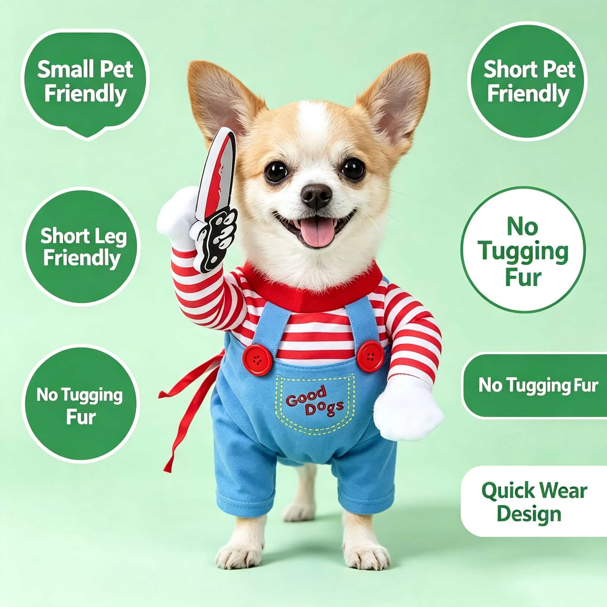 Hundekostüm „Chucky“ mit Messer, lustiges Cosplay-Outfit, Halloween-Party-Verkleidung für Welpen und kleine Hunde
