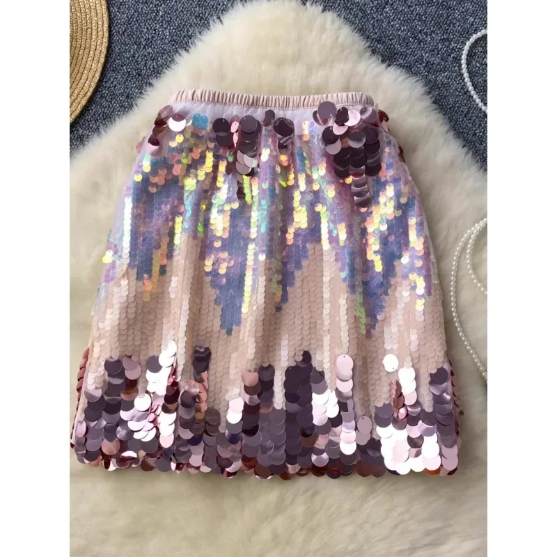 Summer New Female Colorful Sequin Skirts Women Sexy High Waisted Slim A-line Shiny Sparkling Buttocks Wrapped Mini Skirt