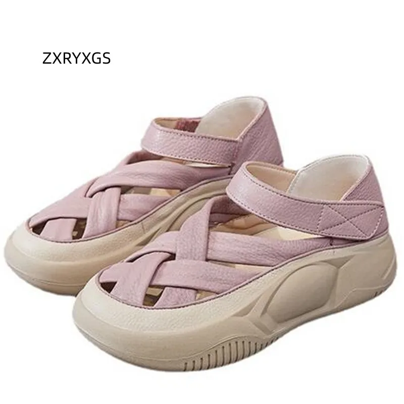 ZXRYXGS Summer Genuine Leather Shoes Roman Sandals Comfort Non-slip Soft Sole Women's Sneaker Sandals Casual Shoes Trend Sandals