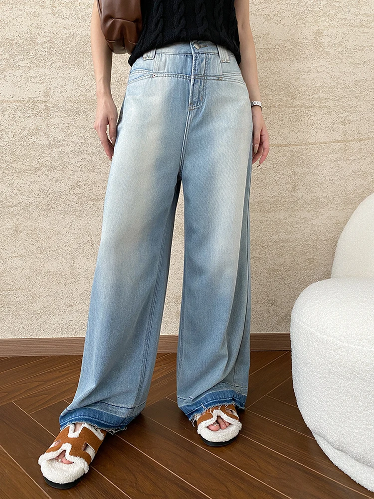 High Waist Light Blue Denim Long Casual Burr Wide Leg Jeans New Women Trousers Fashion Tide Spring Autumn