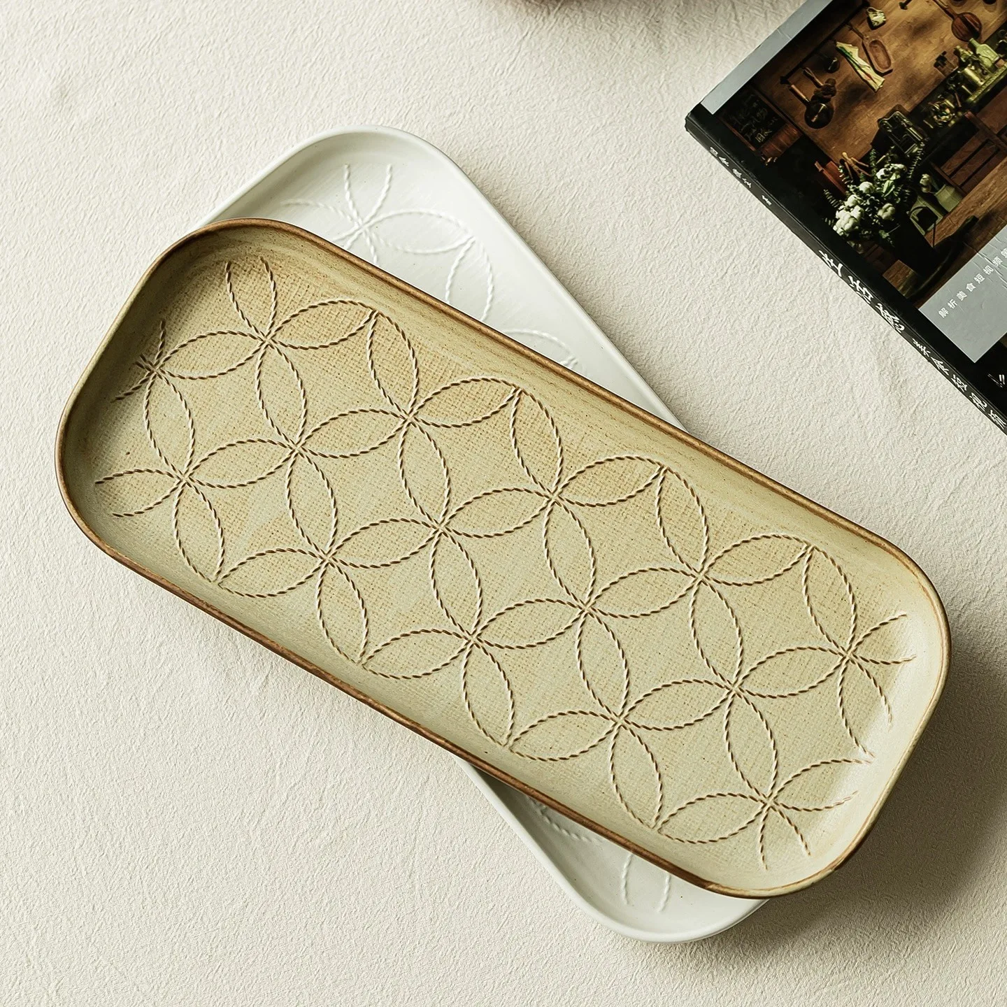 Retro Ceramic Long Board Chinese Relief Cake Vegetable Fruit Plate Western Steak Plate