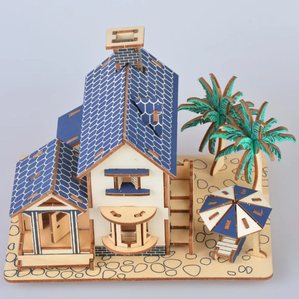 3D Wood Puzzle Beach House Shape Educational DIY Children Entertainment Wooden Puzzle for Room Decoration Creativity Development