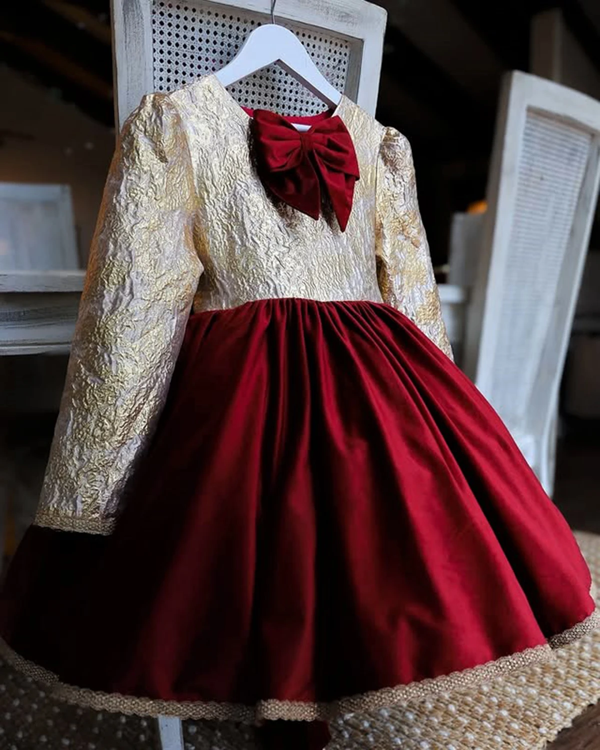 Autumn Baby Girl Vintage Bow Golden Red Puffy Dress With Shorts For Casual Party Birthday Wedding Photography