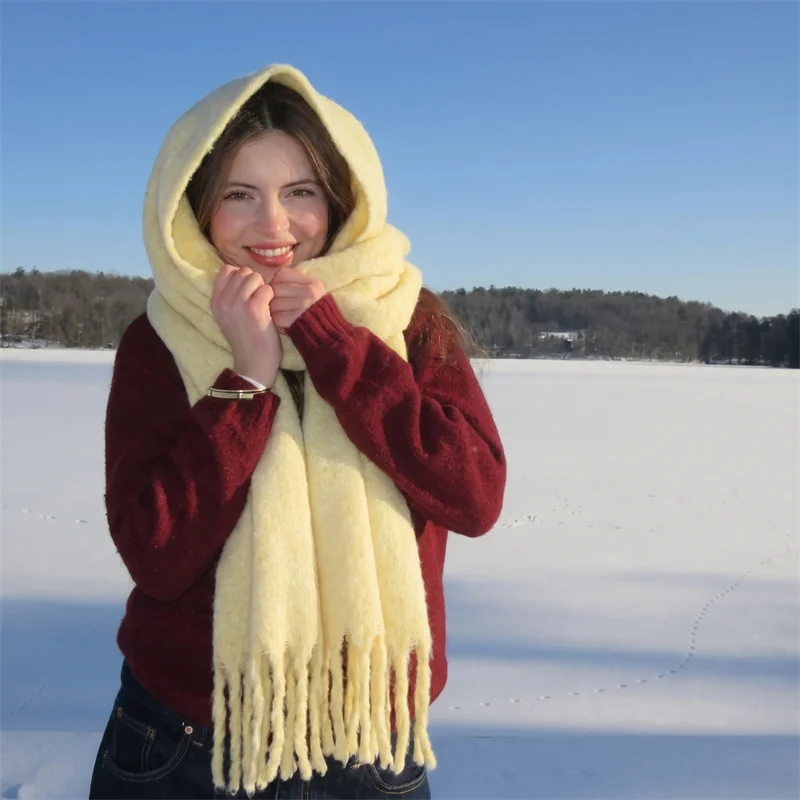 

Vintage Plain Mohair Tassel Scarf Ladies Fluffy Thermal Large Shawl Soft Neck Wrap Autumn Winter Street Travel Hijab Accessory
