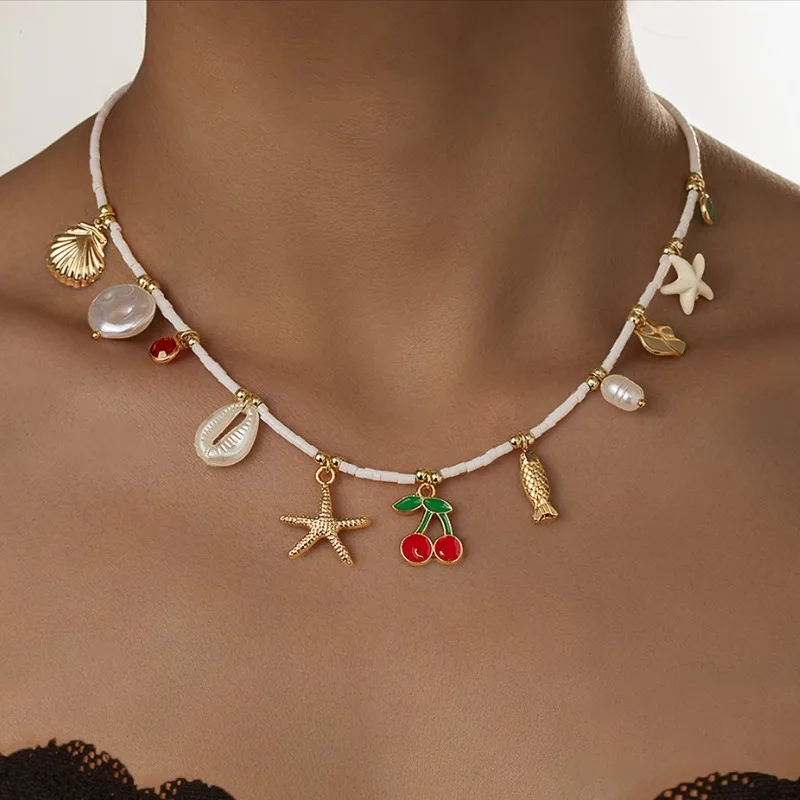 Collar bohemio con colgante de chile y cereza dulce y bonito, collar con dijes de fruta, cereza y fresa para mujer, regalos de joyería de playa oceánica