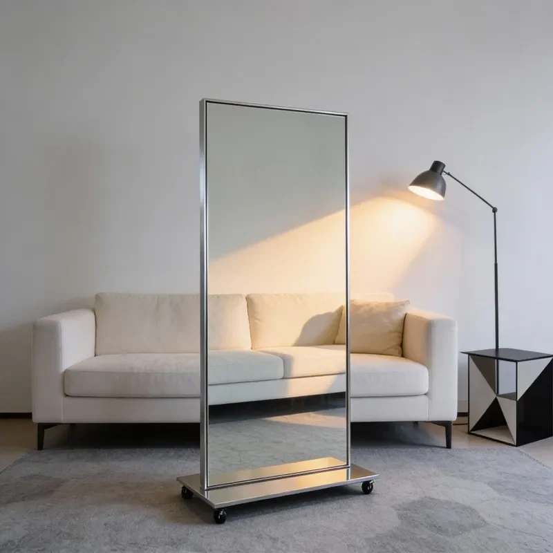 For Clothing Store Simple Floor Mirror with Wheels Stainless Steel Ultra White HD Full Body Beauty Mirror Convenient to Move