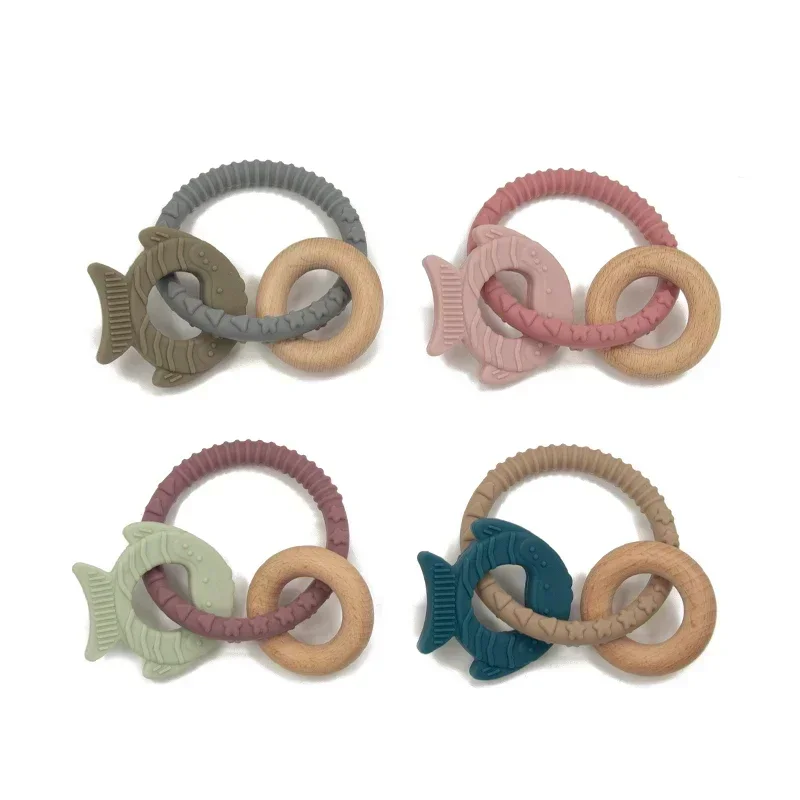 Baby Teether Natural Beech Wooden Animal Shape BPA-Free Silicone Teether Toy Bracelet