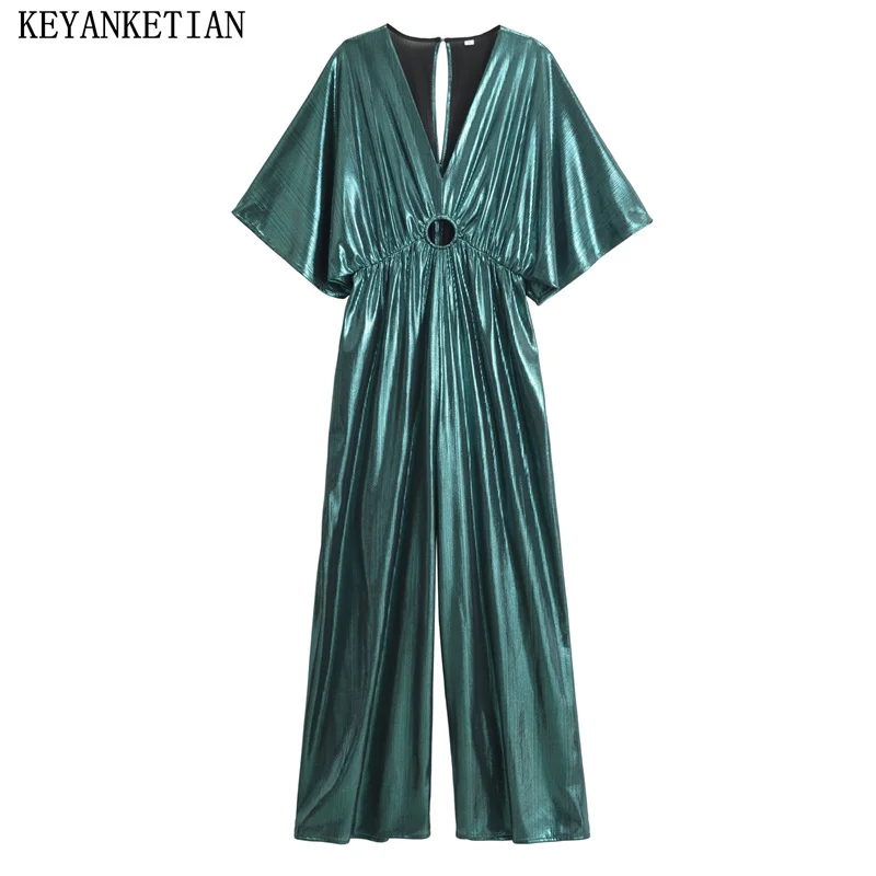 

KEYANKETIAN 2024 New Launch Women's Metallic pleated jumpsuit Retro Hollow out Decoration Short Sleeve Wide leg Pants Trousers