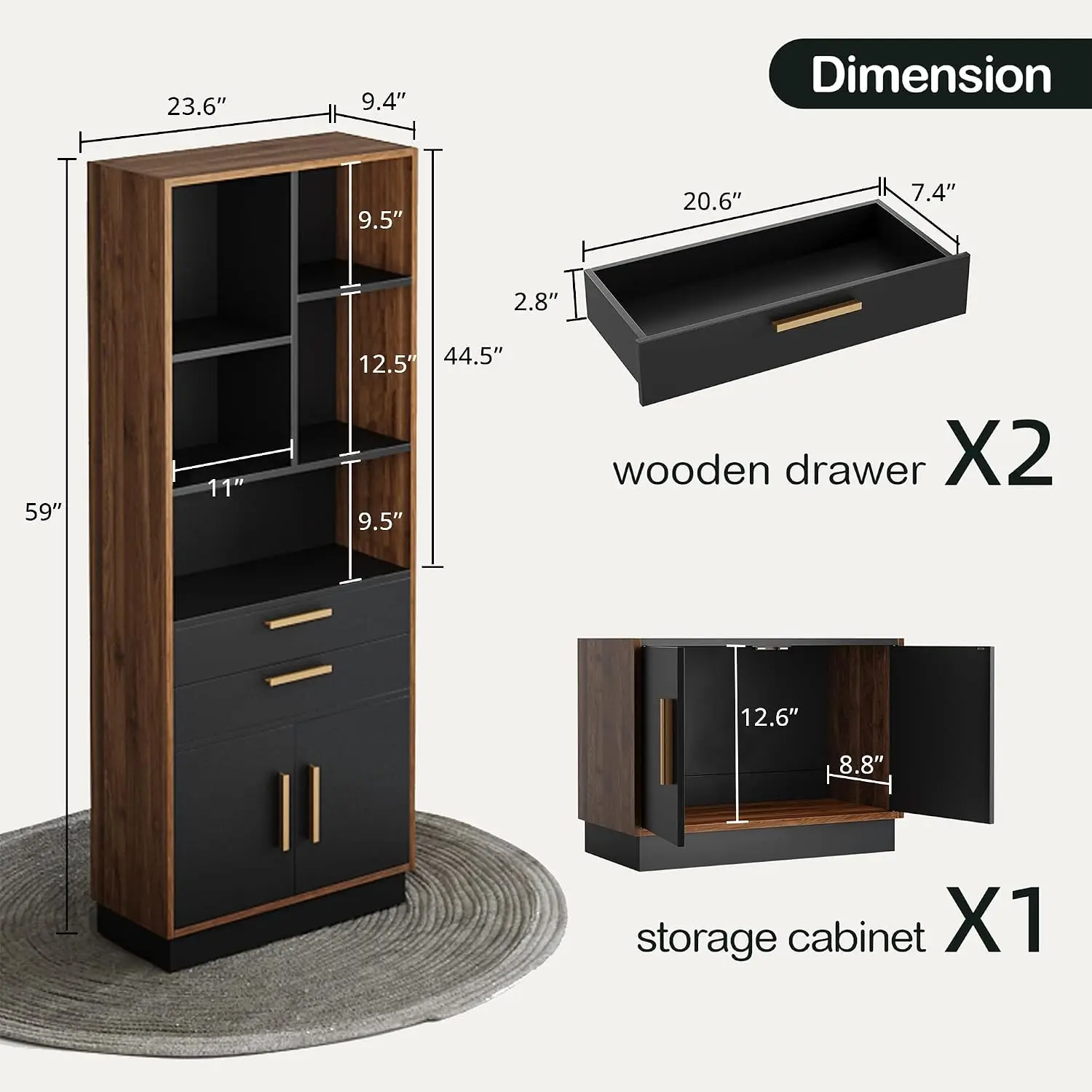 Tall Wooden Bookcase with 2 Drawers & Doors, 5 Storage Cubes for Home & Office, Living Room, Study, Black Walnut, Customized