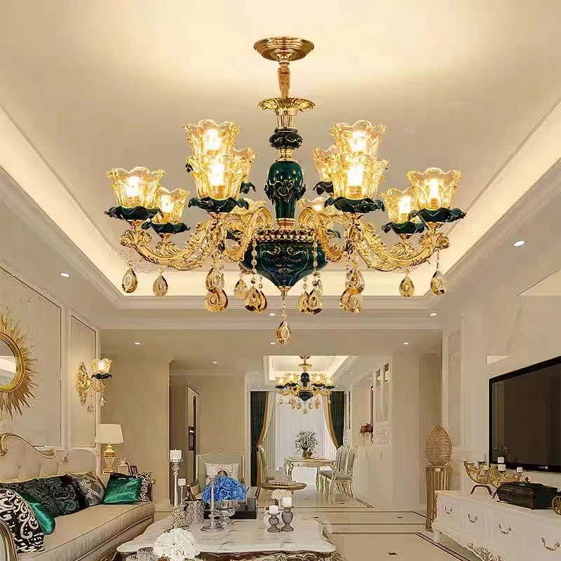 

European Luminaire Champagne Color Crystal Chandelier Living Room Luxurious Atmospheric Restaurant Pendant Lamp Bedroom Lighting