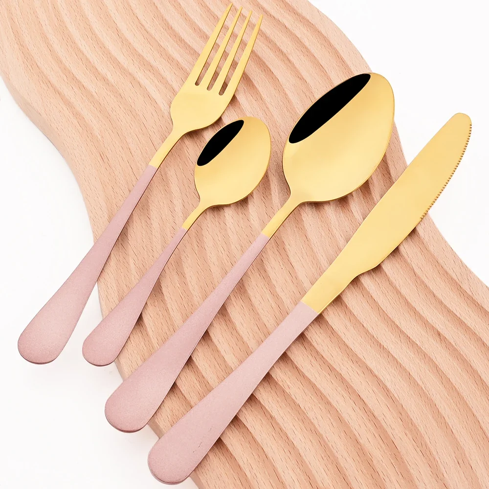 16Pcs Pink Gold Mirror Dinnerware Cutlery Set Knives Forks Coffee Spoon Flatware Stainless Steel Silverware Tableware Set