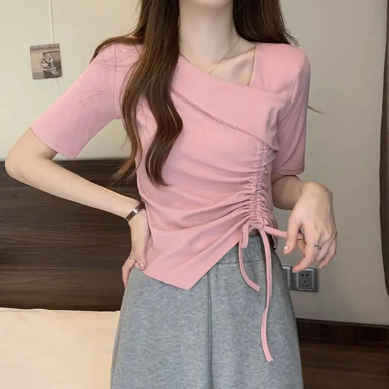 

Slim Fit Women's T-irt Summer Faion All-match Cute Sle Square Collar ort Sve Polyester Fiber Pure Color T-irt