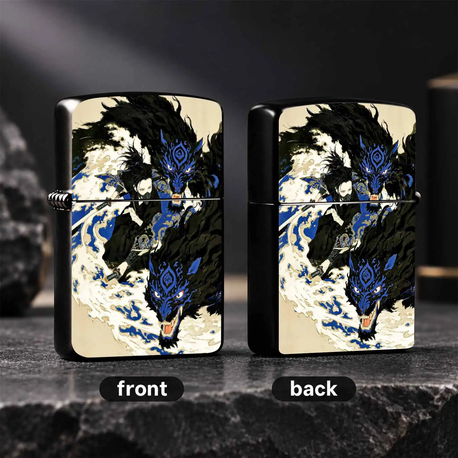 Traditional Samurai Lighter With Double Blue Black Mythical Beasts Pattern Exquisite Oriental Aesthetic Decor Portable Stylish Accessory For Daily Use Gifting Suitable For All Scenarios Ideal For Art Lovers Friends Family A Humorous And Int