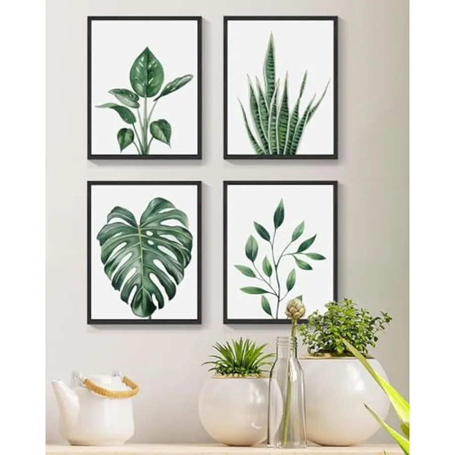 Botanical Canvas Framed Wall Art Watercolor Green Leaf Tropical Plant Art Prints Boho Wall Decor for Bedroom Bathroom Kitchen H