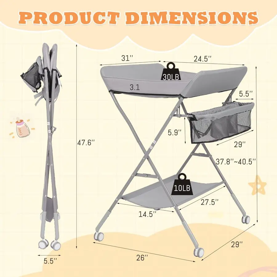 Changing Table for Baby, GIGYES Foldable Baby Changing Station with Wheels amp Adjustable Height, Large Storage Rack amp Shelf,