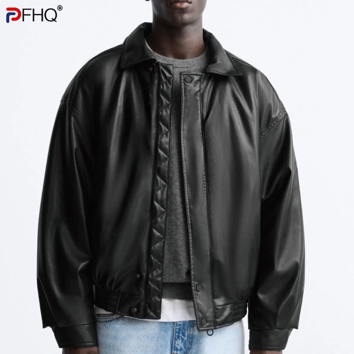 PFHQ Men's Faux PU Leather Lapel Cotton Jacket 2024 Turn-down Collar Solid Color Long Sleeve Male Tops Korea High Street