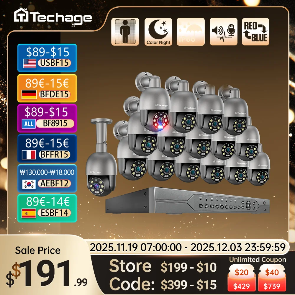 Techage 16CH 5MP 8MP PTZ POE Security Camera System Color Night 4K Human Detect CCTV NVR Video Surveillance Camera Kit ONVIF