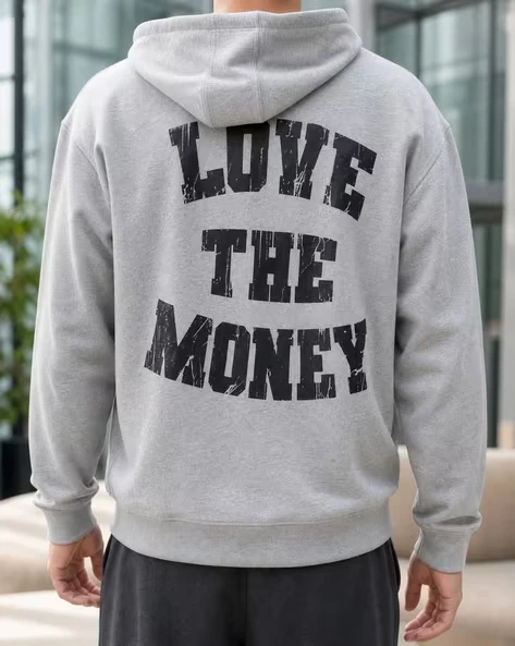 Men Cartoon Graphic Hoodie Front Cartoon Print Back LOVE THE MONEY Letter Print Drawstring Long  Streetwear Pullover Sweatshirt