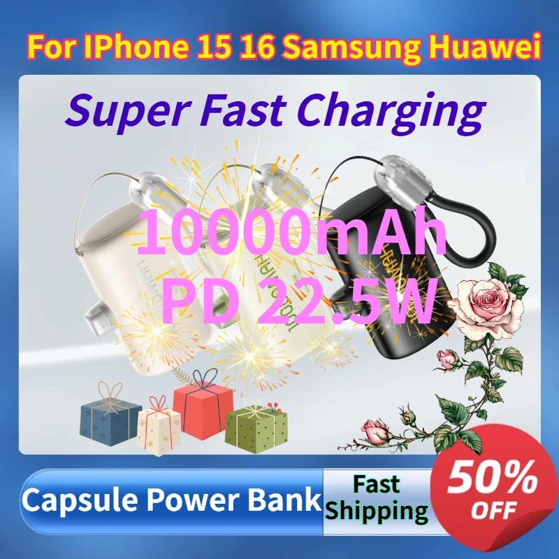 

22.5W Super Fast Charging Emergency Capsule Power Bank 10000mAh PD Compact and Portable Battery for IPhone 15 16 Samsung Huawei