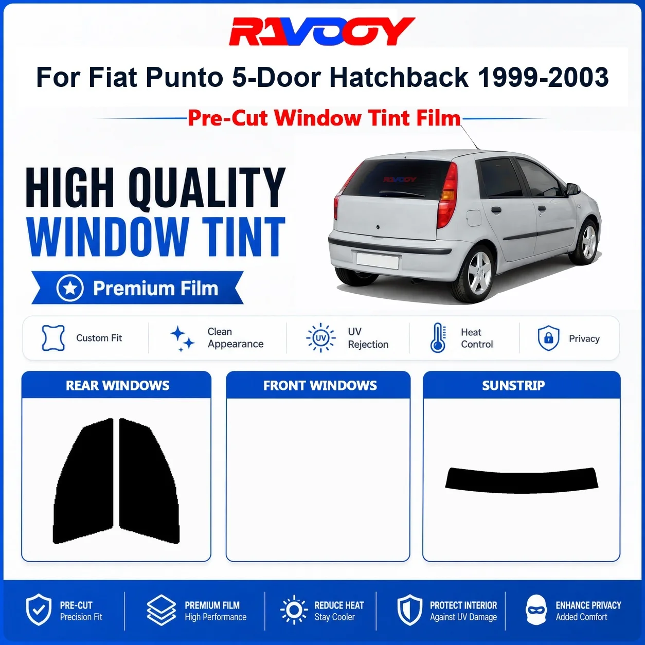 Premium Pre-Cut Window Tint For Fiat Punto 5-Door Hatchback 1999-2003 Front & Rear Windows UV Heat Rejection Privacy Film