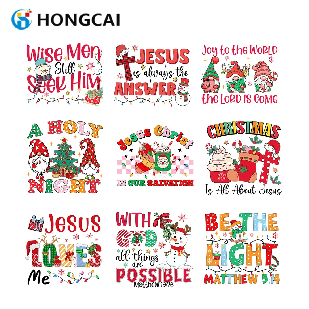 9-teiliges Set Weihnachts-Wärmeübertragungs-Vinylaufkleber mit lustigem Muster – inklusive niedlichen Elementen wie Schneemänner, Weihnachtsmann und Elfen, th