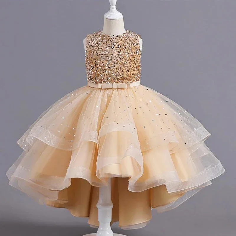 Flower Girls Princess Sequins Baby Wedding Christmas Party Trailing Dress Teenager Children Kids Elegant Vestidos For 3-15Ye MN1