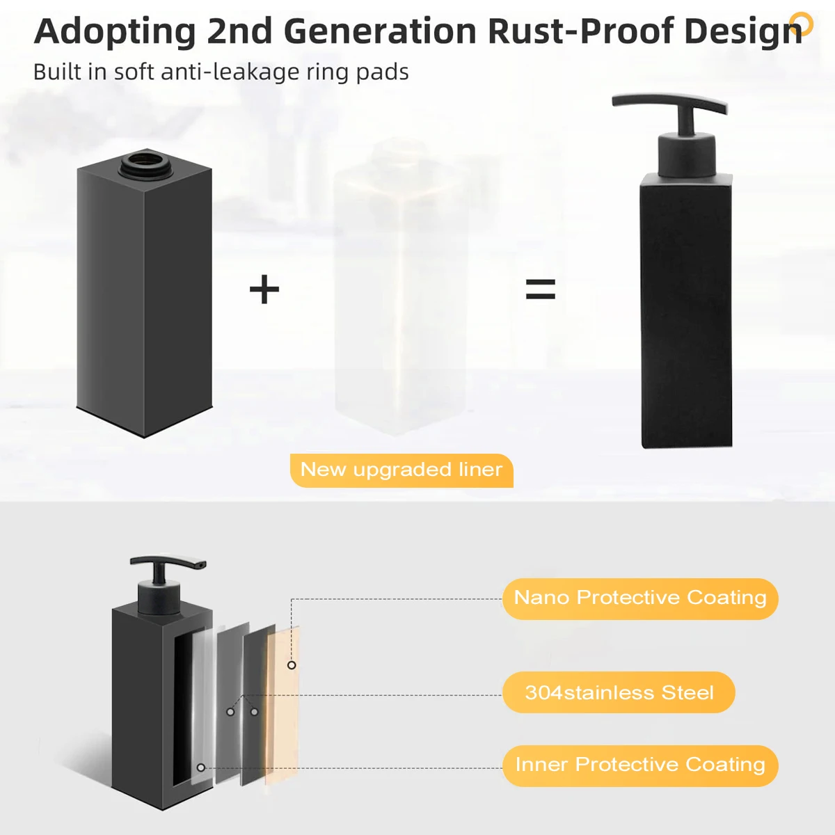 Leeseph Matte Black 304 Stainless Steel Soap Dispenser Square Design Soap Dispenser Liquid Soap Dispenser for Bathroom