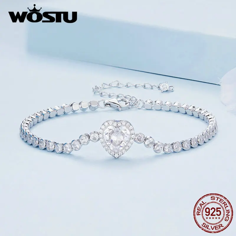 WOSTU 925 Sterling Silver Shining Fully Zircon Bracelet Bangle with Heart-shaped Stone Fine Jewelry For Women Luxury Party Gift