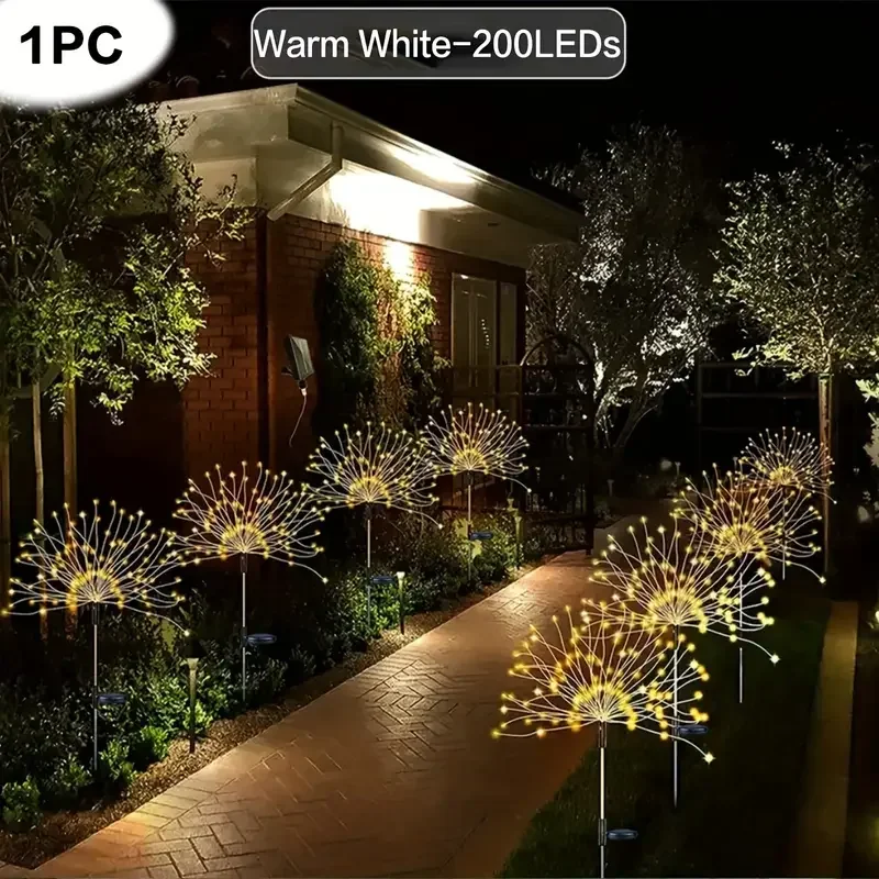 2-Pack Solar Firework Lights – 300 LED Warm White, 8 Modes, Waterproof Copper Wire Garden Decor For Patio, Pathway, Yard