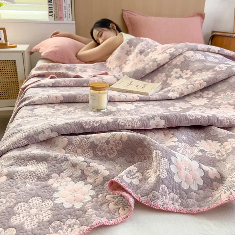 100% Cotton Three-Layer Yarn Towel Blanket Luxury Printed Nap Blanket for Office Bedroom High End Blanket Shawl for All Seasons