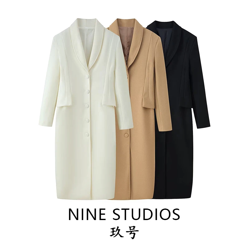 

NINE ZAR женское длинное пальто, ветровка, верхняя одежда, однотонный шерстяной костюм с застежкой на талии, воротник с отложным воротником, поездка на работу