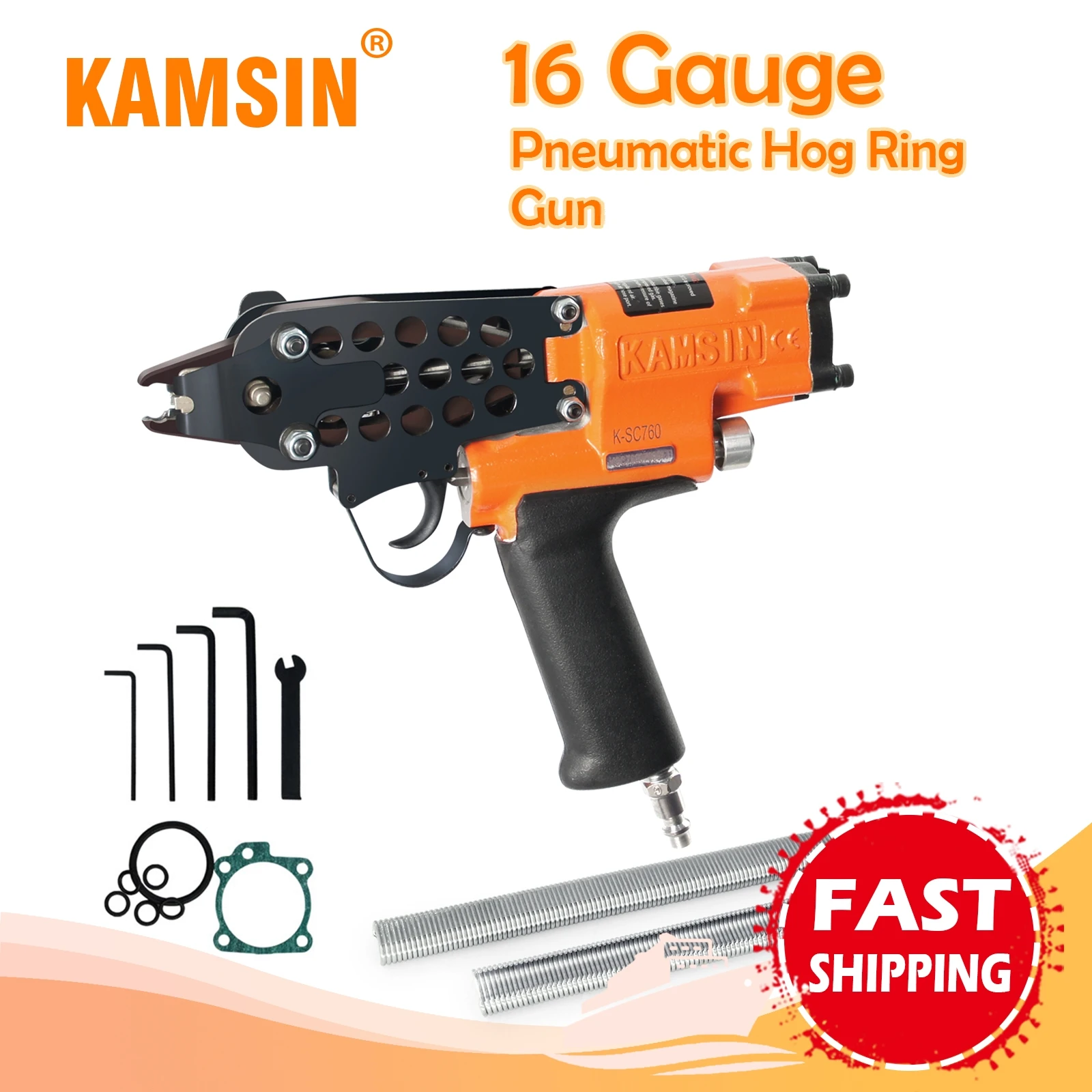 

KAMSIN K-SC760 16-калиметрический пневматический степлер для свиных колец, подходит для наружных скоб с короной диаметром 16,9 мм, для клетки, автокресел, пружинного матраса