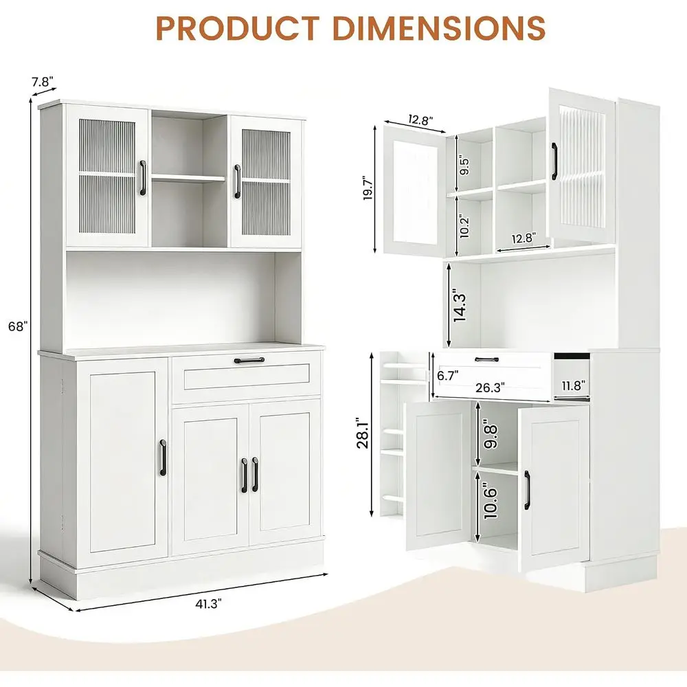 Freestanding White Pantry Cabinet with Tempered Glass Door, Microwave Stand, and Adjustable Shelves for Kitchen or Dining Area