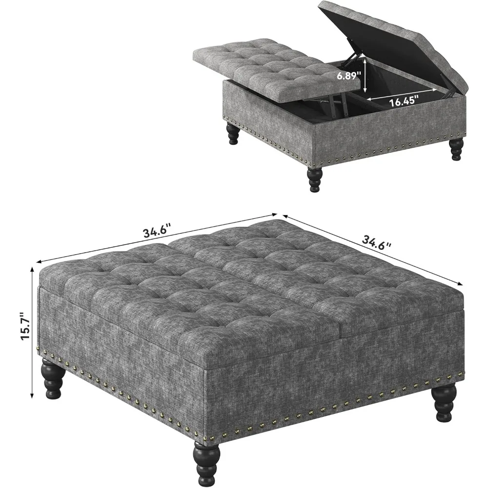 مسند رفع، طاولة قهوة كبيرة للتخزين من الشنيل لغرفة المعيشة أو غرفة النوم، سهلة التجميع، رمادي داكن