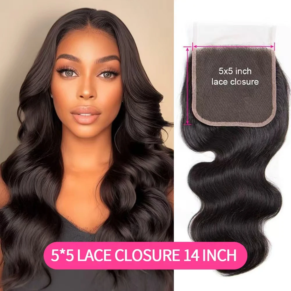5X5 Body Wave 3/4 Bundles with 4X4 Lace Closure Human Hair Extensions for Women Natural Black Big Wave Human Hair Easy to Wear for Women'S Daily Styling
