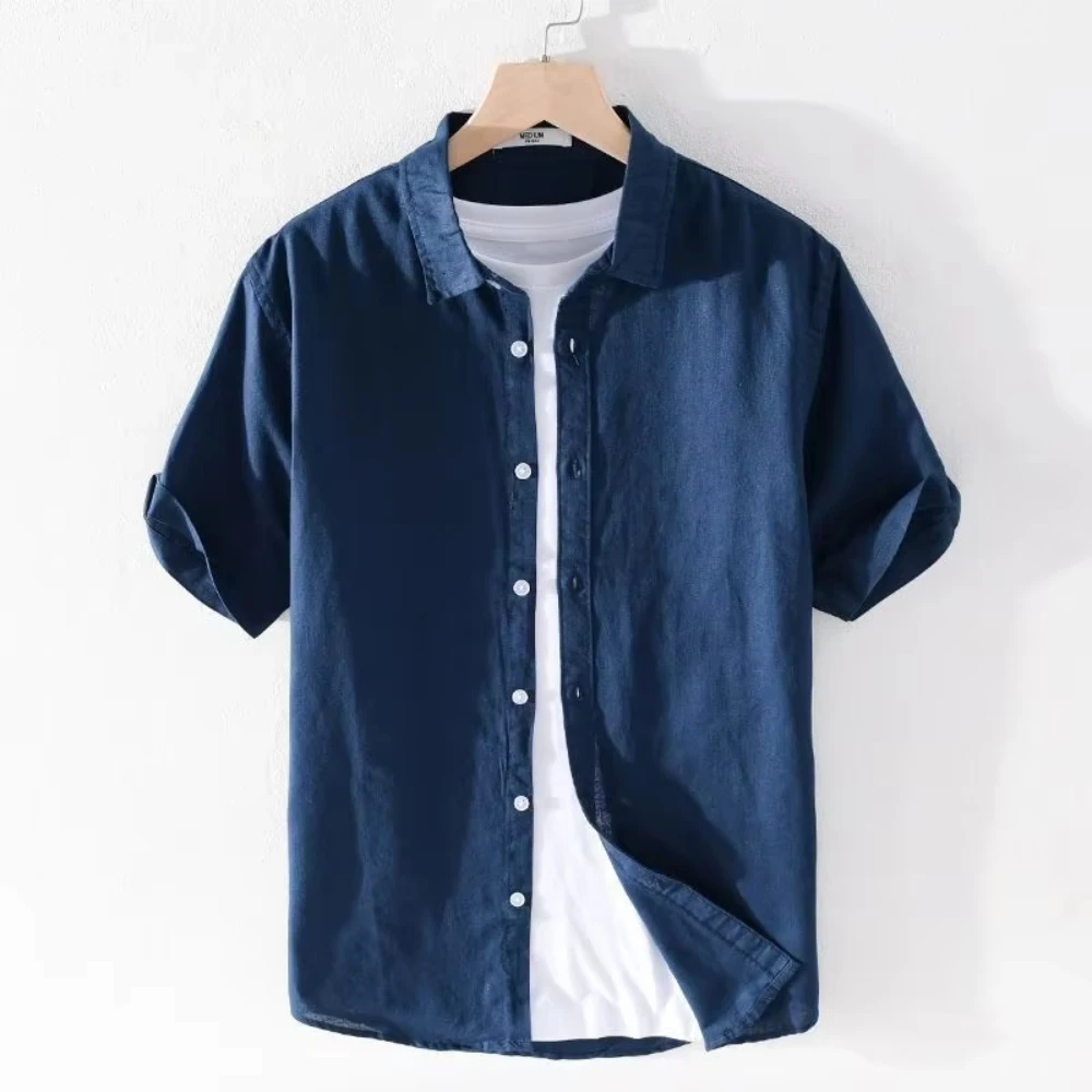 

Men's Solid Color Short Sleeve Shirt, Casual Button Down, Lightweight Breathable Cotton-Linen Blend, Turn Down Collar