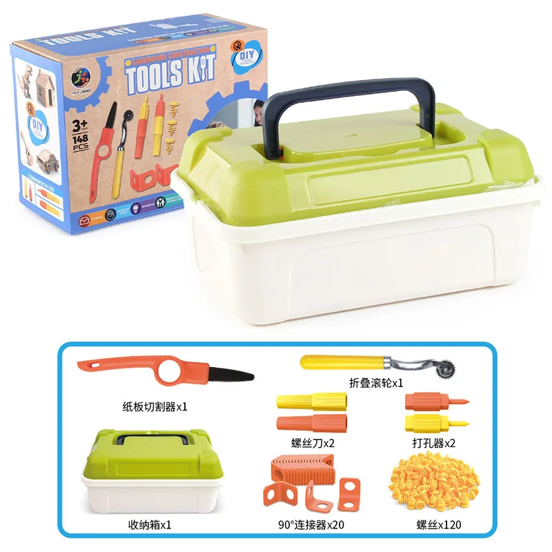 HE JIANG Kids DIY Educational Tool Set 148 Pcs Cardboard Screwdriver Nut Kit With Storage Box For Toddlers Age 3+ Early Learning