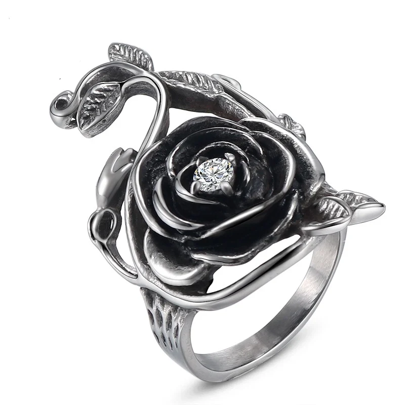 Fashion Rose Flower Ring With Rhinestone Stainless Steel Charm Vintage Personality Rose Women Jewelry SYR0007