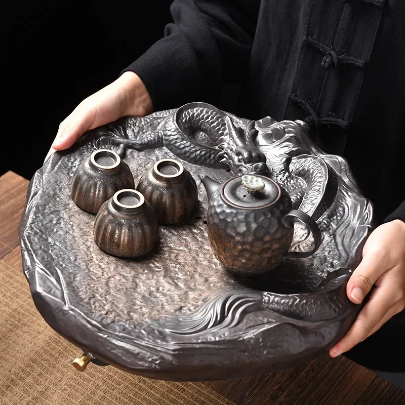 Large Round Ceramic Tea Tray Coarse Pottery Drainage Board for Kung Fu Tea Set Household Water Storage Dry Brewing Table