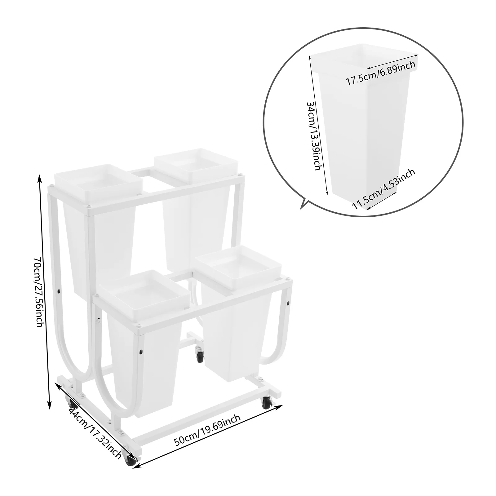 Espositore per fiori a 4 secchi a doppio livello, robusta struttura in metallo con ruote e freni lisci, design moderno bianco/nero per la casa