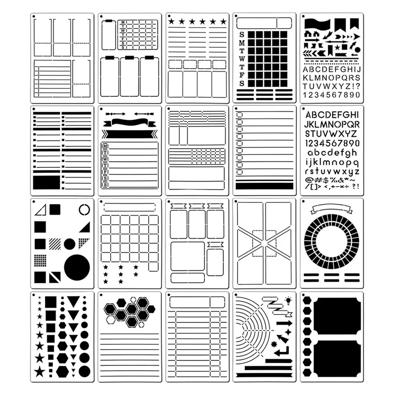 เทมเพลตไดอารี่20ชิ้นชุดแม่แบบไดอารี่นำกลับมาใช้ใหม่ได้สมุดโน้ตการ์ดปฏิทินตกแต่งศิลปะบนผนังไม้