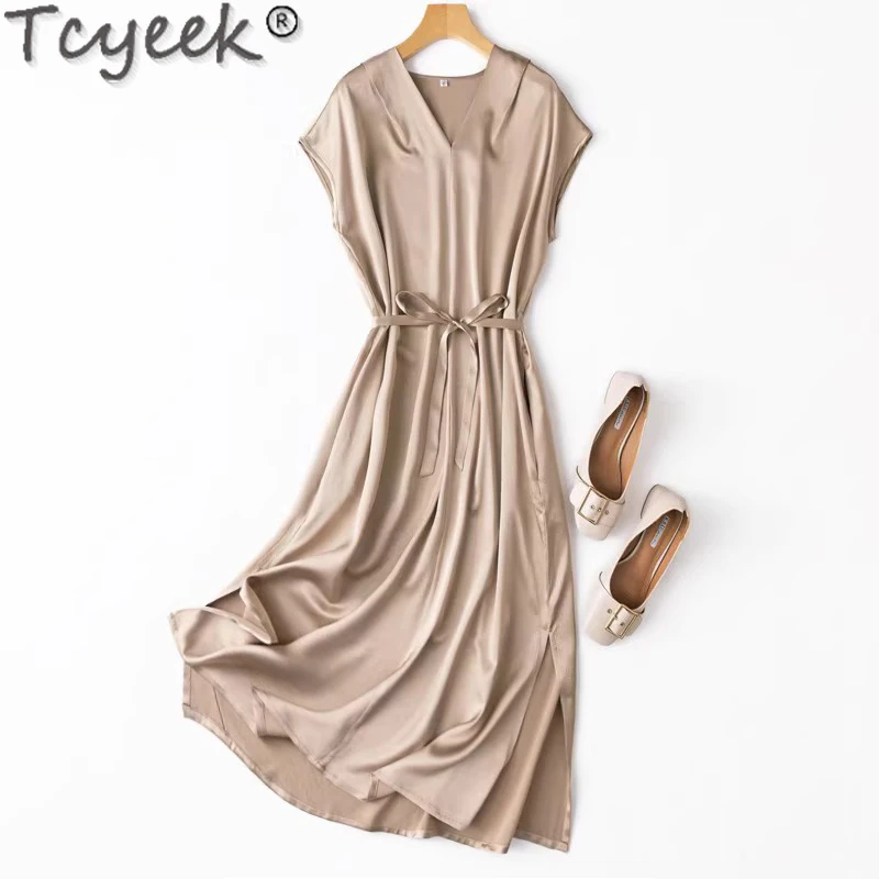 

Tcyeek 93% Mulberry Silk Dress Elegant Dresses for Women Party Dress Womens Clothing Spring Summer Dress Lace-up Vestido Mujer