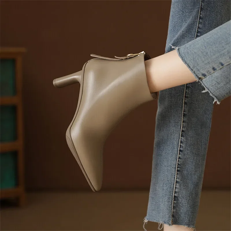 New Genuine Leather Short Boots Autumn/Winter Women Boots Pointed Toe Chunky Heel Boots for Women High Heel Fashion Boots Women