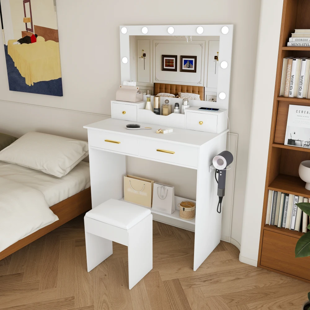 Makeup Vanity Desk with 9 Hollywood Bulbs,with a large mirror, featuring 4 drawers and 1 open storage box, equipped with a power socket, a hair dryer stand and a makeup stool,white