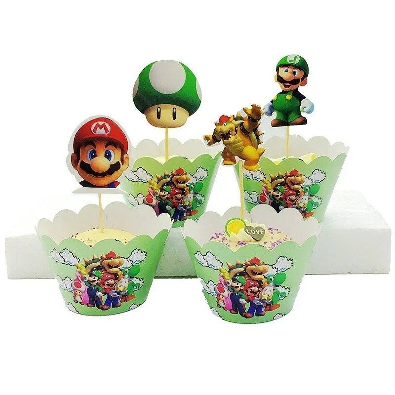 24Pcs/set Super Mario Cupcake Toppers for Decorate Birthday Party Cartoon Mario Cake Flag Children Boys Birthday Party Supplies