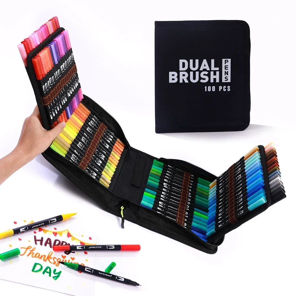 72/100 Color Dual Brush Tip Marker Set Double-headed Washable Color Art Graffiti Pen with Cloth Bag Art Supplies Stationery